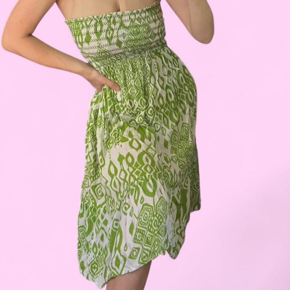 🦋 Vintage Boho Green & White Strapless Sundress 🦋
